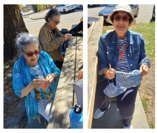 Knitting Group members (l-R) Frannie, Wendy and Renee meet in Town Park to share their work.